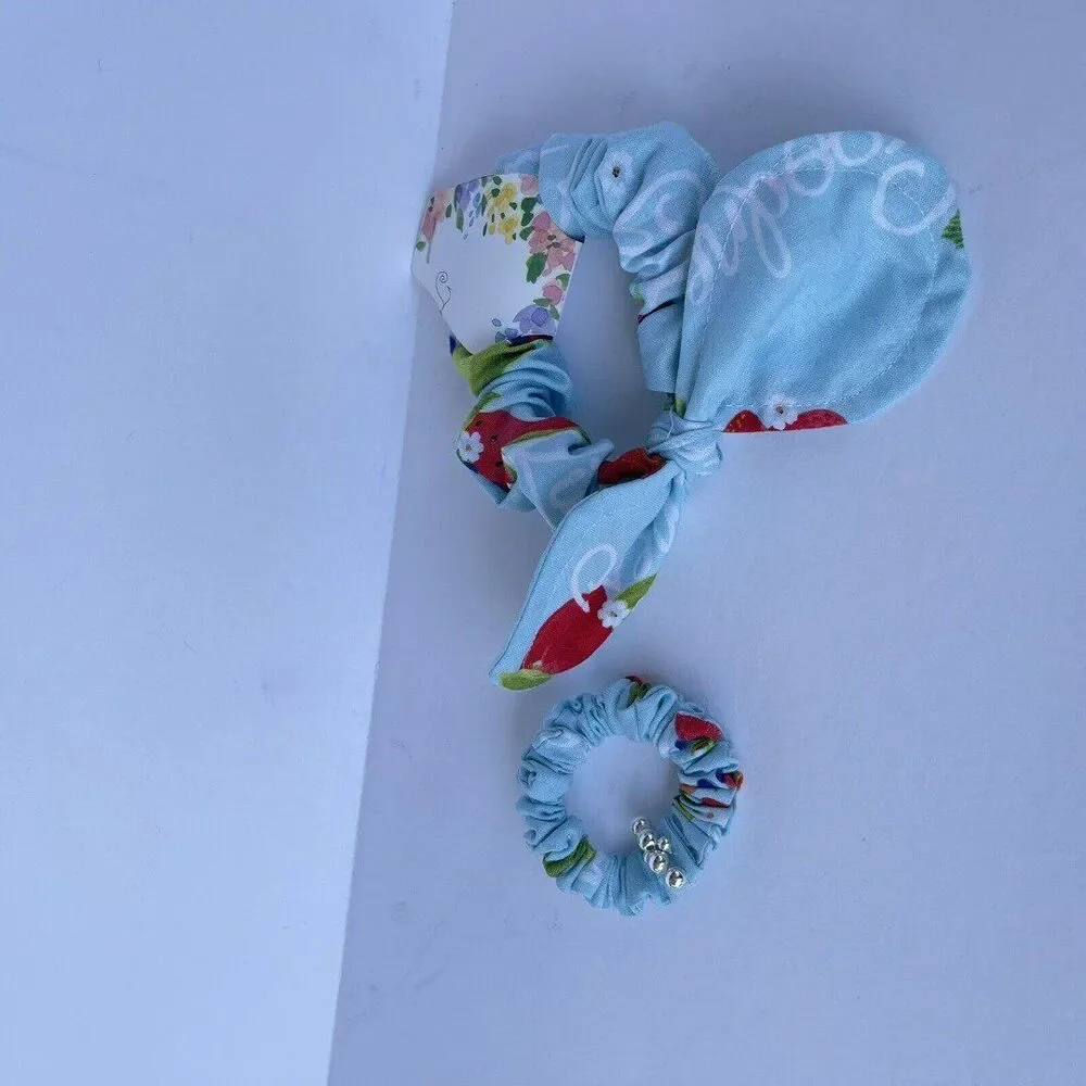 2 New Bow Scrunchie Hair Tie Blue Floral Cotton